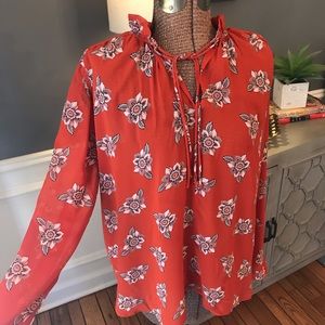 LOFT boho orange tie neck blouse